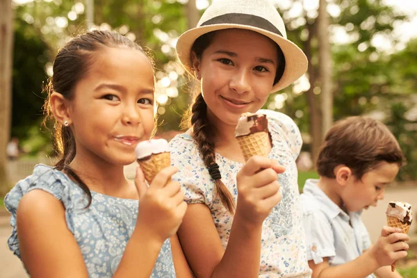 Amici Che Mangiano Gustosi Gelati Coni Waffle — Foto Stock