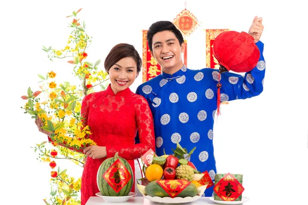 Cheerful Vietnamese Couple Wearing Traditional Costumes Holding Attributes Celebrating Lunar — Stock Photo, Image