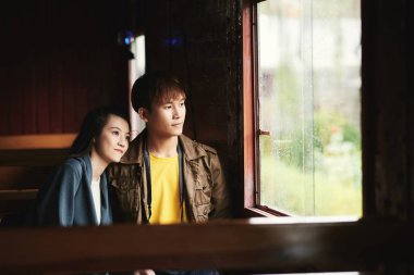 Pencereden bakarak tren yerde genç Çift