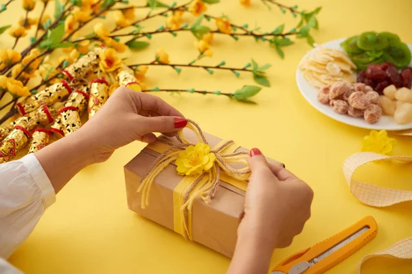 Hands Woman Wrapping Chinese New Year Present — Stock Photo, Image