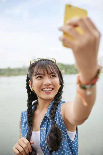 Attractive Vietnamese Woman Taking Selfie Smartphone — Stock Photo, Image