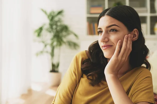 Portrait Smiling Dreamy Young Woman Resting Home — Stock Photo, Image