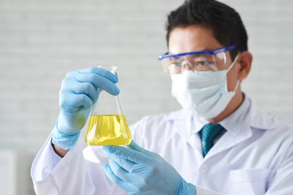 Researcher Looking Beaker Yellow Liquid His Hands — Stock Photo, Image