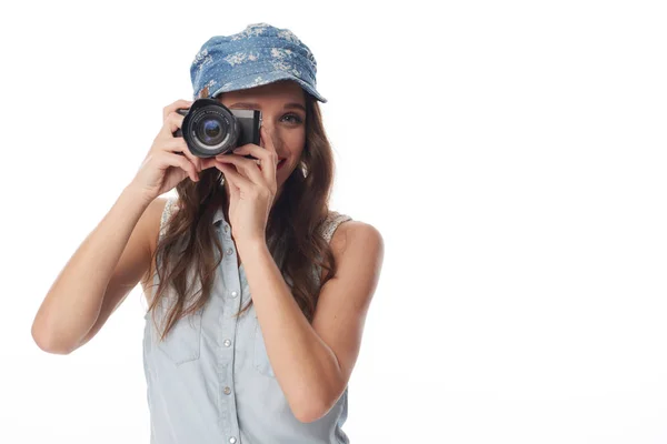 Cheerful Pretty Female Photographer Digital Camera — Stock Photo, Image