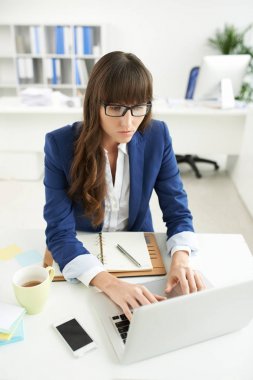 İş kadını iş onun Ofis Masası, laptop ile meşgul