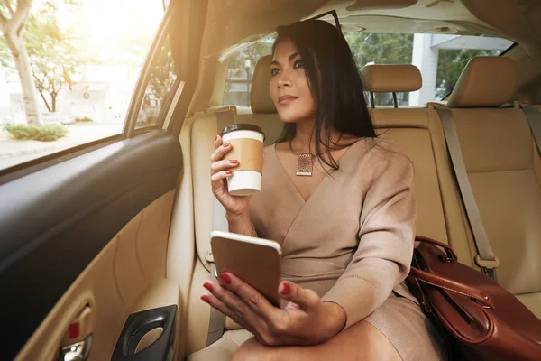 Portrait Gorgeous Young Woman Drinking Take Out Coffee Riding Work — Stock Photo, Image