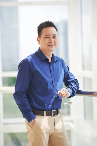 Portrait Cheerful Asian Businessman Standing Window — Stock Photo, Image