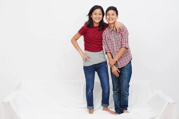 Portrait Happy Hugging Mixed Race Twin White Background — Stok Foto