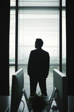 Kendine güvenen iddialı işadamı ofisine, pencereden bakarak arkadan görünümü