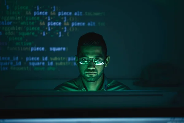 Serious Indian Developer Checking Code Night Program Product Release — Stock Photo, Image