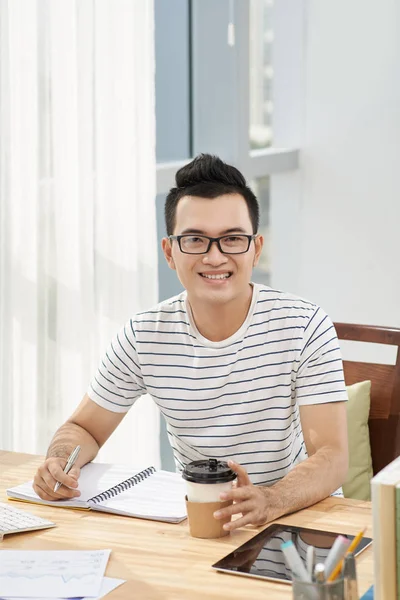 Asian Young Man Drinking Take Out Cofee Taking Notes Notepad — Stock Photo, Image