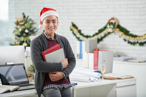 Portrait Handsome Asian Man Santa Hat Posing Workplace Office Decorated — Stock Photo, Image