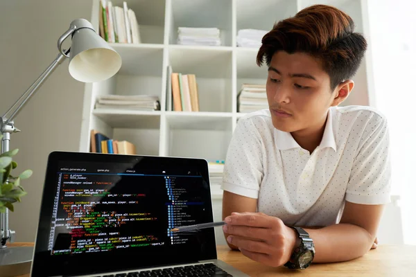 Joven Programador Vietnamita Explicando Código Pantalla Del Ordenador Portátil —  Fotos de Stock