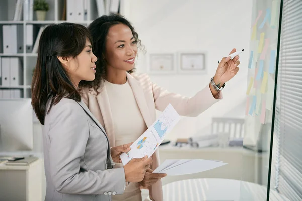 Attractive Asian Managers Using Sticky Notes While Having Project Discussion — Stock Photo, Image