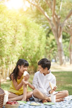 Sandviç yeme ve Parkta piknik konuşurken neşeli kardeşler