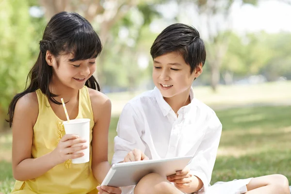 Smiling Brother Sister Sitting Park Playing Game Tablet Computer — Stock Photo, Image