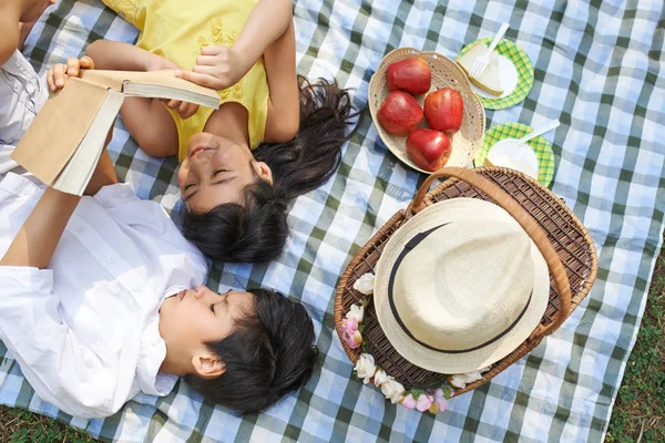 Kinder Liegen Auf Decke Park Und Lesen Gemeinsam Ein Buch — Stockfoto