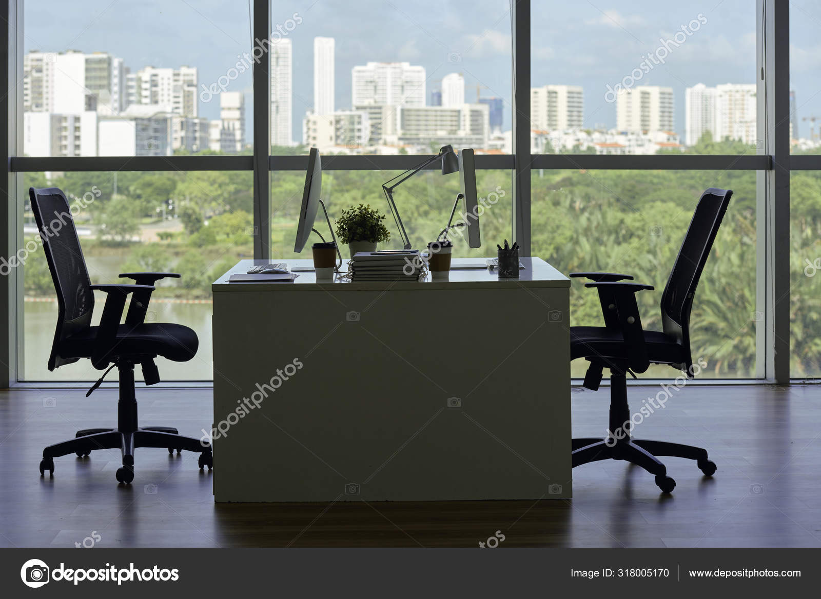 Desk Two Chairs Computers Coffee Cups Empty Office Big Panoramic