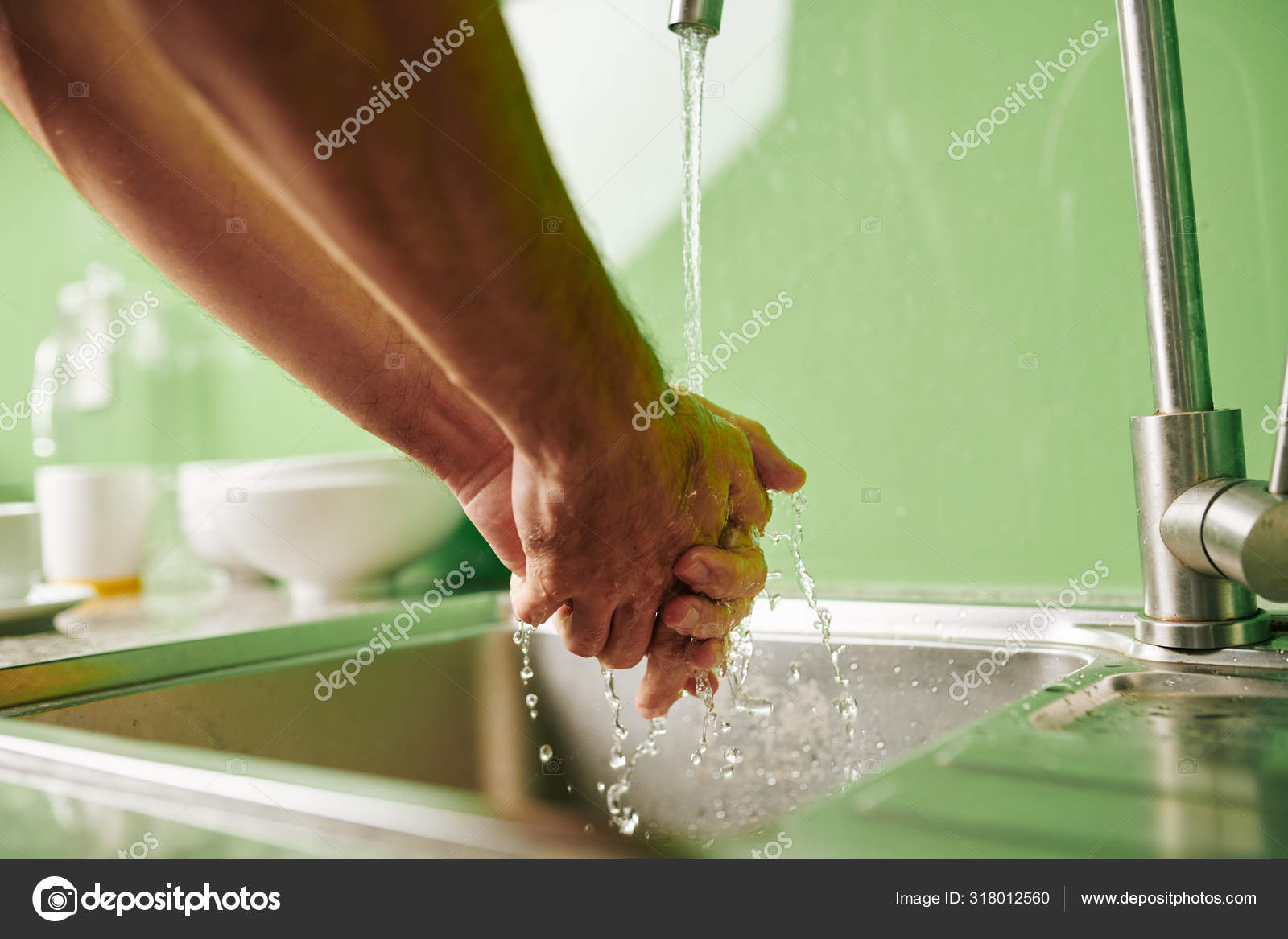 Close Image Man Rinsing Hands Tap Water Cooking Dinner Stock Photo by ©DragonImages 318012560