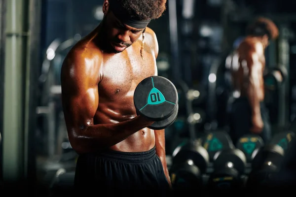 Fit Svalnatý Mladý Černošky Muž Dělá Cvičení Činky Dostat Biceps — Stock fotografie