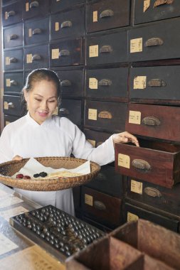 Eski geleneksel eczanelerdeki kuru otları, kökleri ve mantarları çeken gülümseyen olgun Asyalı kadın.