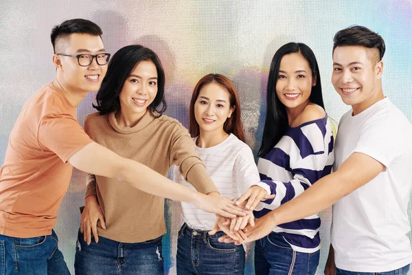 Group Happy Friends Stacking Hands Expressing Support Unity — Stock Photo, Image