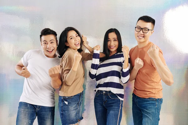 Group Joyful Young Asian People Casual Clothes Dancing Celebrating Success — 스톡 사진