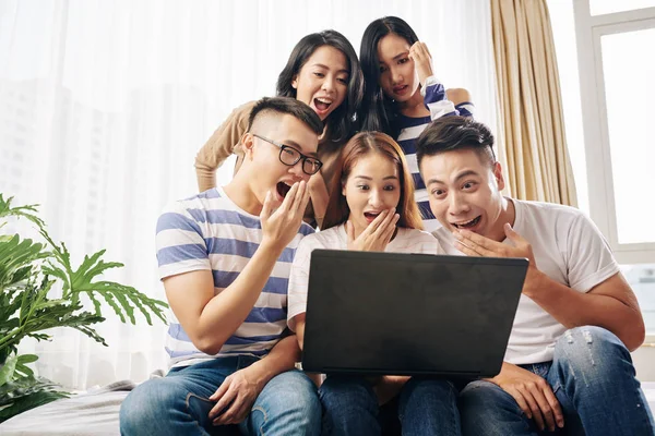 Shocked Young Asian People Covering Mouth Watching Scary Disgusting Video — 스톡 사진