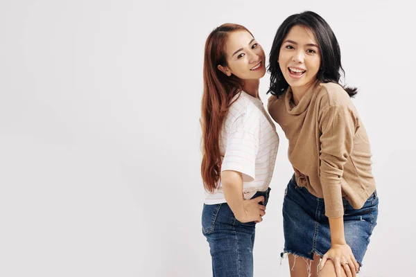 Positive Pretty Young Asian Women Casual Clothes Posing Together Smiling — Stock Photo, Image