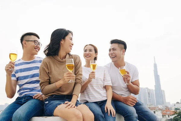 Positive Young Asian People Laughing Resting Outdoors Glasses Beer — 스톡 사진