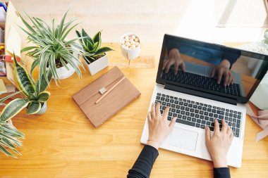Ofis masasında oturan iş kadını bir sürü çiçekle dizüstü bilgisayarda çalışıyor, yukarıdan bakıyor.