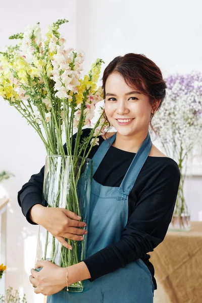 Happy Young Flower Shop Owner Holding Big Glass Vase Tall — Stock Photo, Image