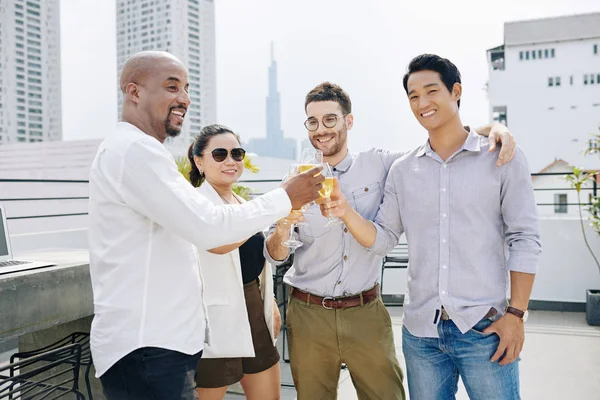 Positive Multi Ethnic Business People Clinking Glasses Sparkling Wine Attending — Stock Photo, Image