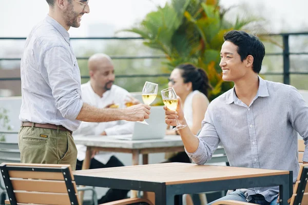 Business People Smiling Clinking Champagne Glasses Outdoor Party — Stock Photo, Image
