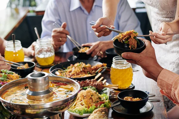 Cropped Image People Gathered Holiday Dinner Table Eat Delicious Asian — ストック写真