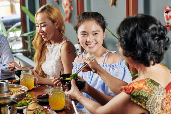 Smiling Pretty Preteen Girl Enjoying Tasty Dinner Her Family Restaurant — Stok Foto