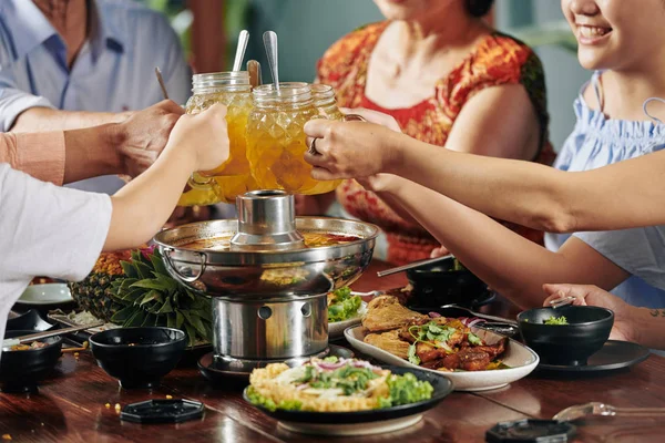 Hands Family Members Toasting Glass Mugs Tasty Cocktail Dinner Table — Stok fotoğraf