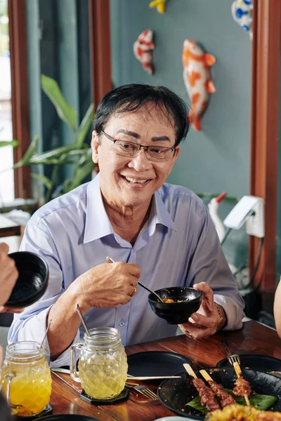 Portrait Happy Senior Vietnamese Man Glasses Eating Tasty Dish Small — Stock Photo, Image