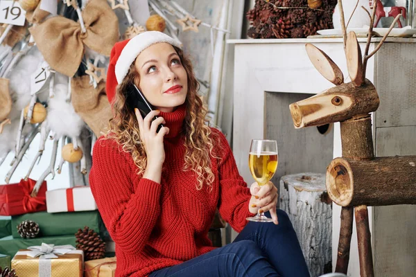 Pensive Young Woman Santa Hat Drinking Glass Champagne Talking Phone — Stock Photo, Image