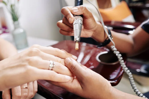 Manicurist Using Electric Nail Drill Removing Old Nail Polish Selective — 스톡 사진