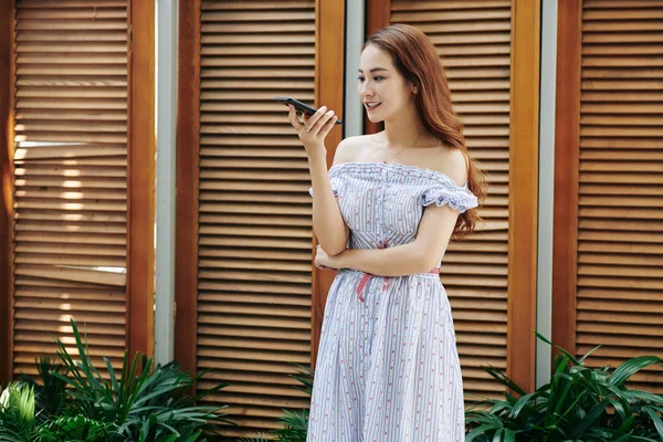 Beautiful Young Asian Woman Long Hair Standing Outdoors Summer Dress — 스톡 사진