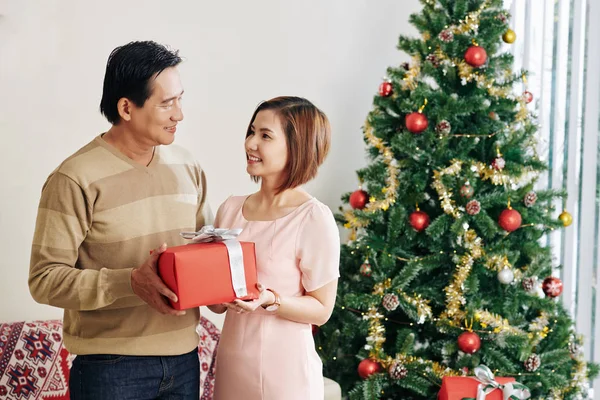 成熟したベトナム人の夫と妻クリスマスプレゼントはクリスマスのために装飾された部屋に立つときにお互いを見て — ストック写真