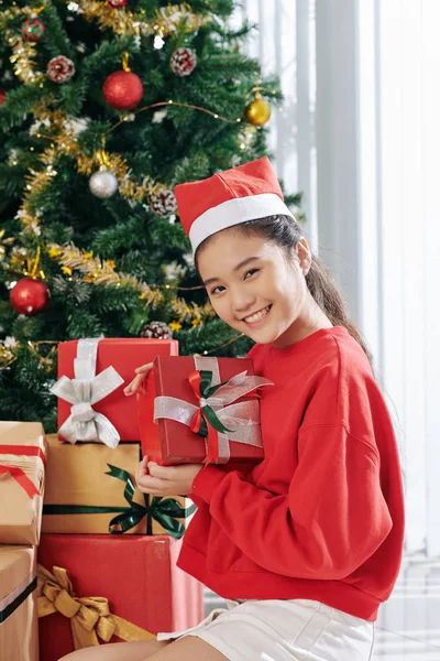 Retrato Chica Vietnamita Sonriente Posando Con Regalos Navidad Mirando Cámara — Foto de Stock