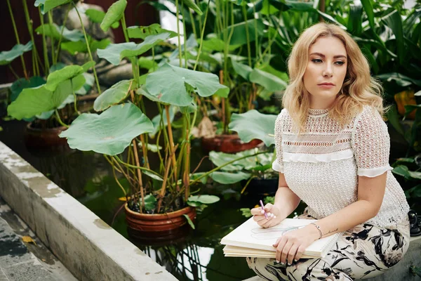 Beautiful Pensive Young Woman Drawing Sketch Flower Sitting Pond Park — Stock Photo, Image
