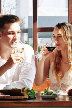 Genç mutlu beyaz çift restoranda lezzetli bir akşam yemeği yerken şarap içiyor.