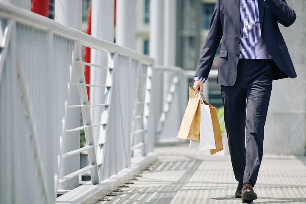 Cropped Image Businessman Paper Bags Hands Hurrying Work Shopping Lunch — Stock Photo, Image