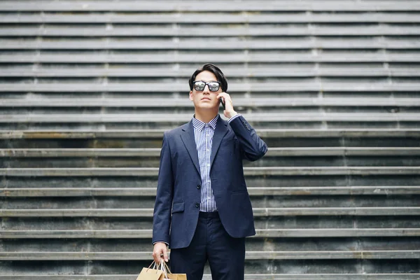 Portrait Serious Business Suglass Standing Stairs Making Phone Call — Stok Foto