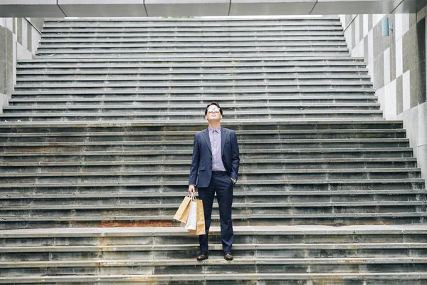 Confident Stylish Young Man Shopping Bags Standing Stairs Looking — Stock Photo, Image