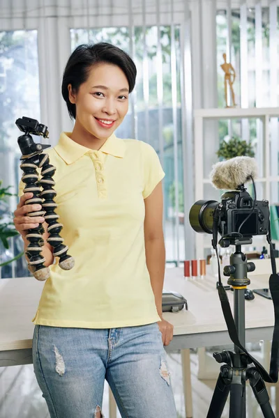 Portrait Happy Young Female Blogger Tripod Standing Office Trippd Hand — 스톡 사진