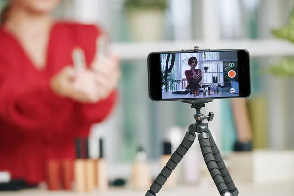 Smartphone Tripod Footage Beauty Blogger Filming Make Collection Video — 스톡 사진